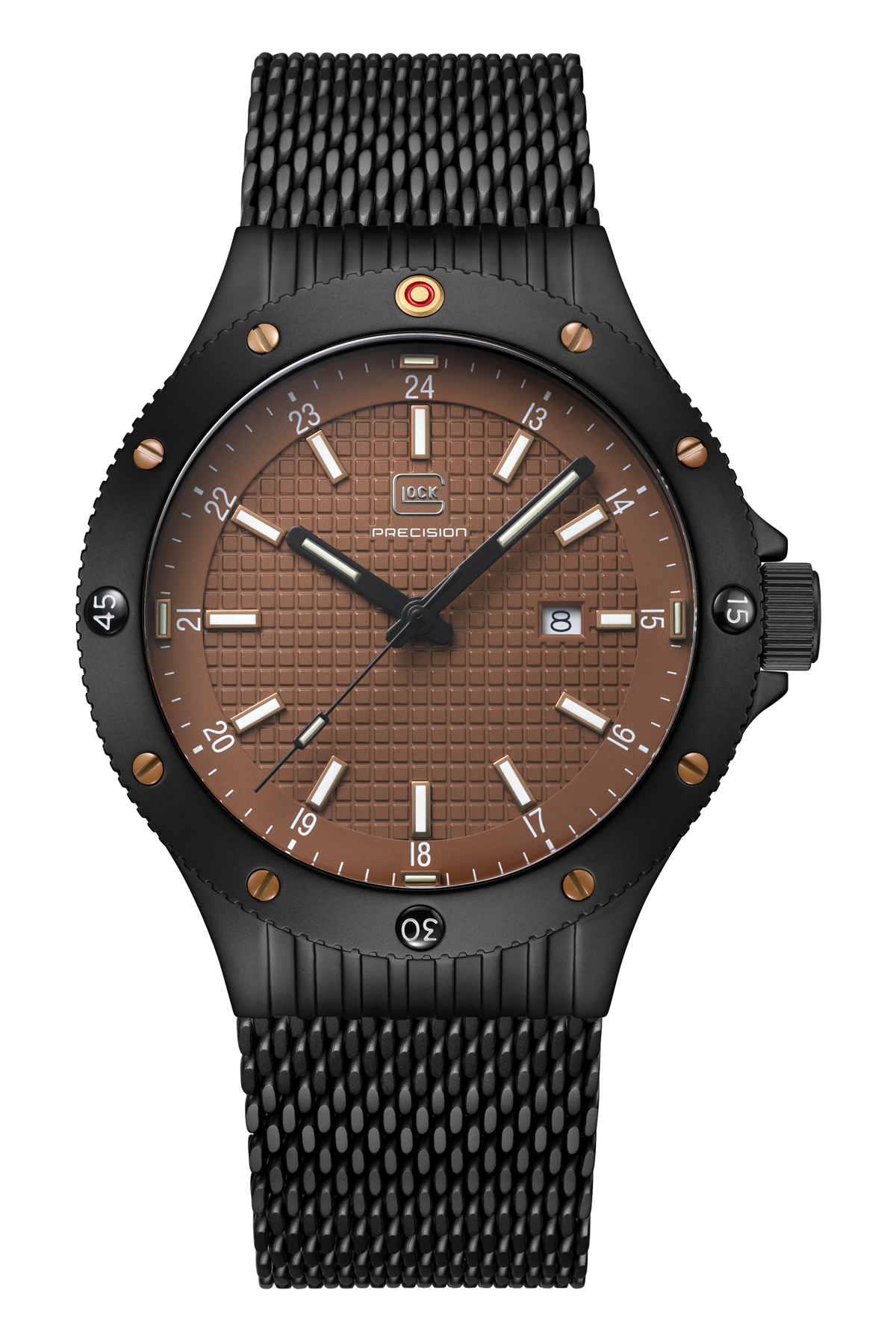 GLOCK Tritium Watch in Black Steel, Coyote Dial, Black Mesh Bracelet