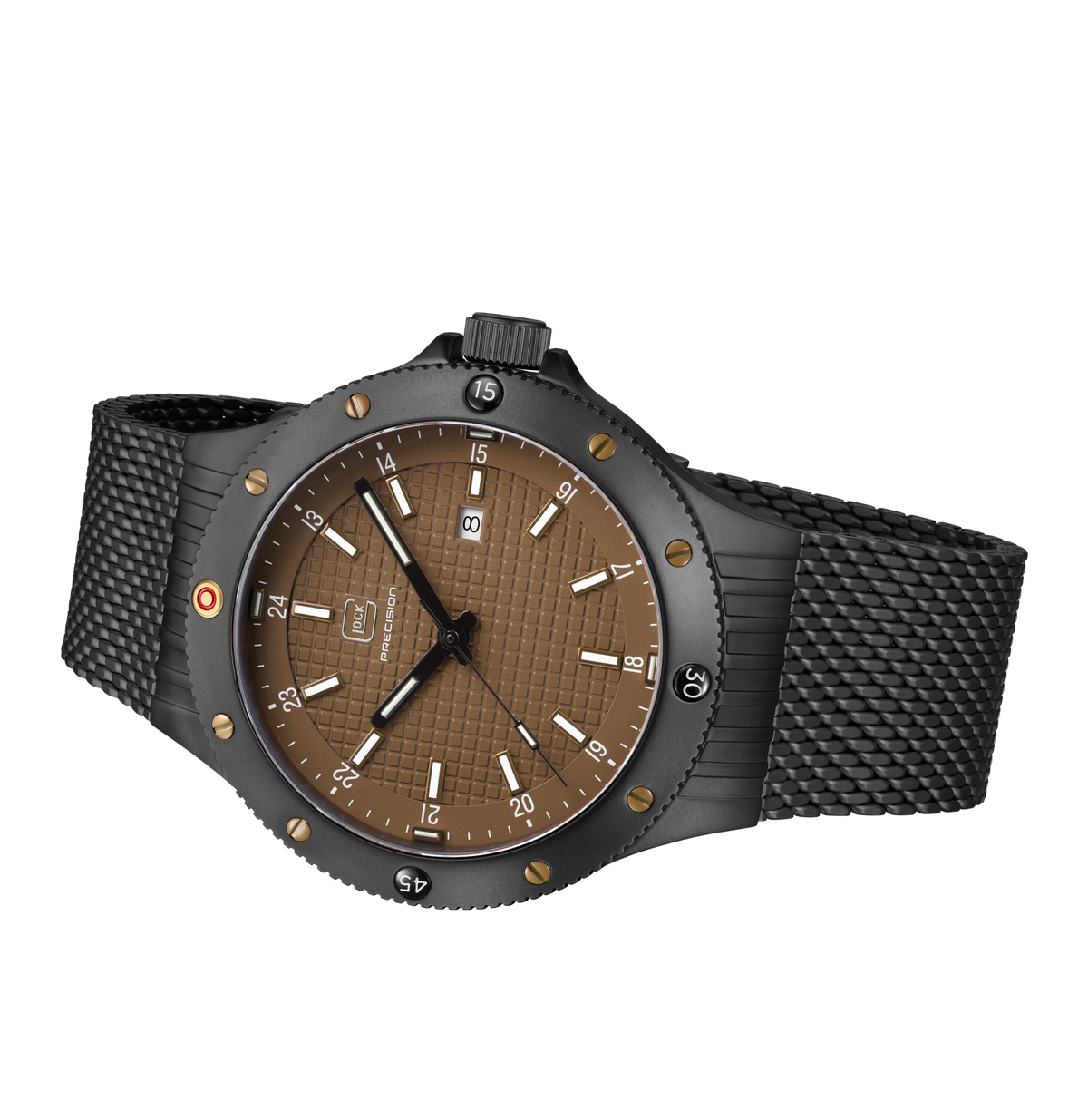 GLOCK Tritium Watch in Black Steel, Coyote Dial, Black Mesh Bracelet