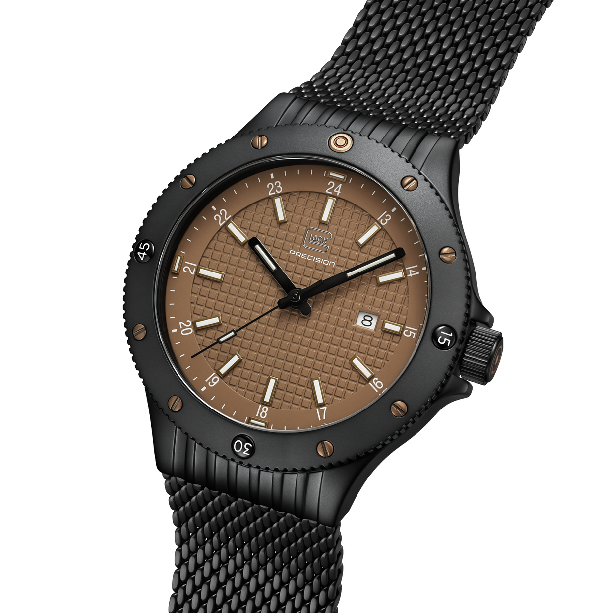GLOCK Tritium Watch in Black Steel, Coyote Dial, Black Mesh Bracelet