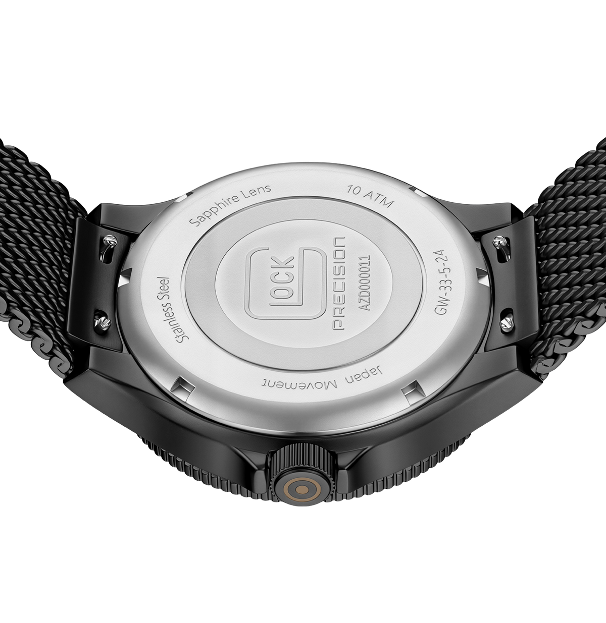 GLOCK Tritium Watch in Black Steel, Coyote Dial, Black Mesh Bracelet