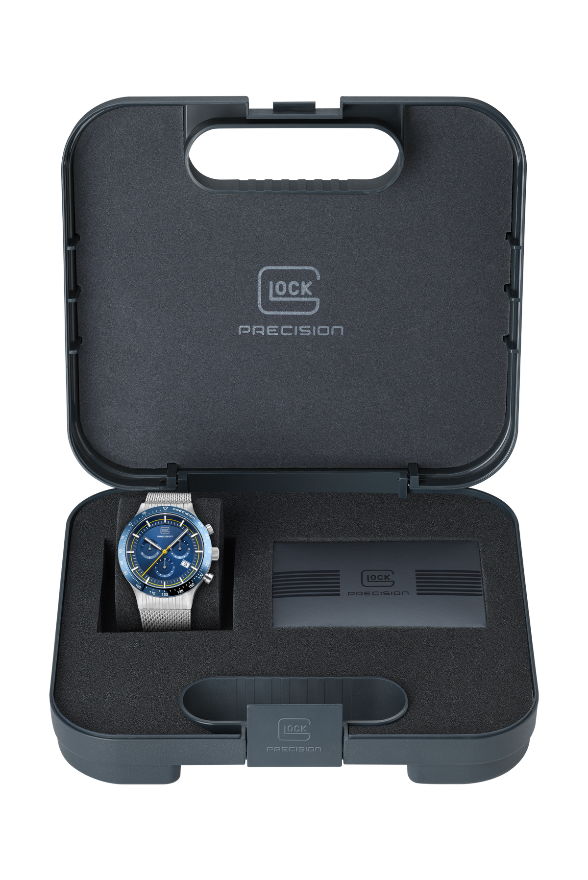 GLOCK Swiss Chronograph Watch in Dark Blue Steel, Blue Dial, Silver-Tone Bracelet