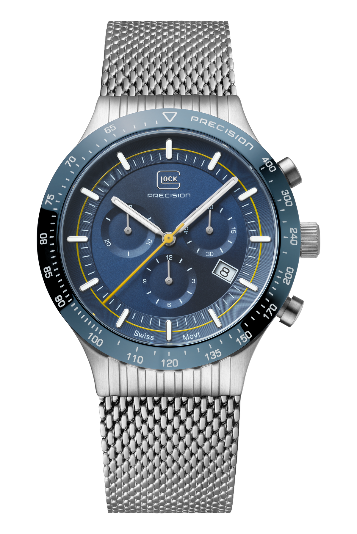 GLOCK Swiss Chronograph Watch in Dark Blue Steel, Blue Dial, Silver-Tone Bracelet