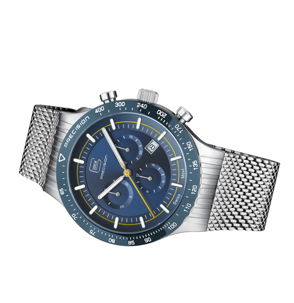 GLOCK Swiss Chronograph Watch in Dark Blue Steel, Blue Dial, Silver-Tone Bracelet