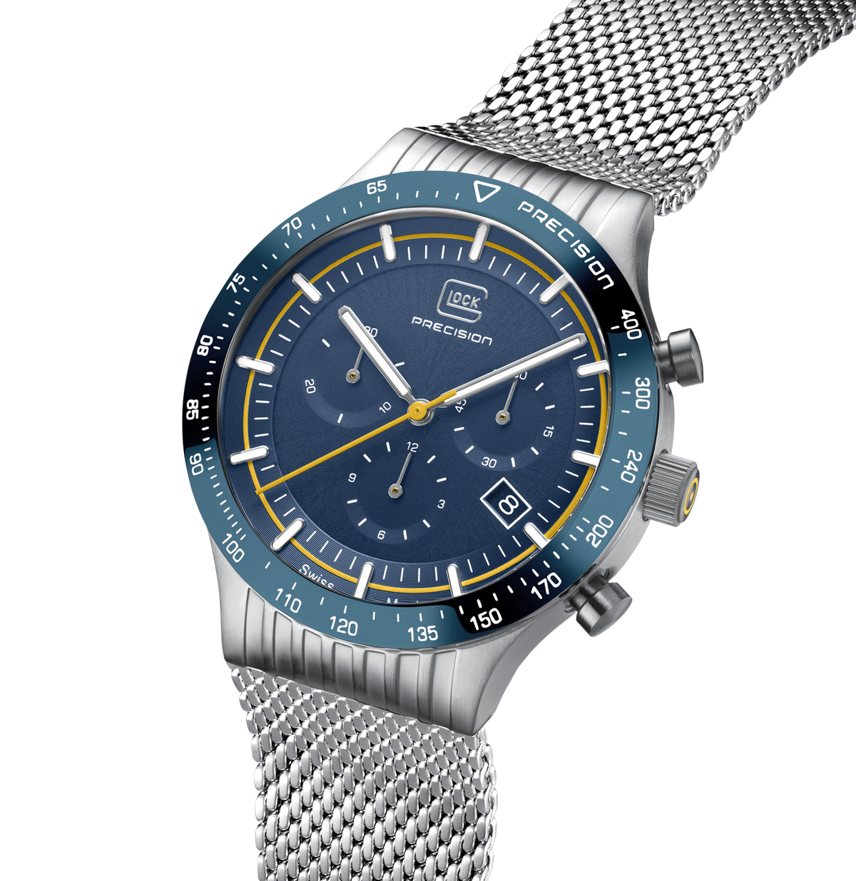 GLOCK Swiss Chronograph Watch in Dark Blue Steel, Blue Dial, Silver-Tone Bracelet