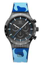 GLOCK Swiss Chronograph Watch in Black Steel, Black Dial, Camouflage Navy Strap