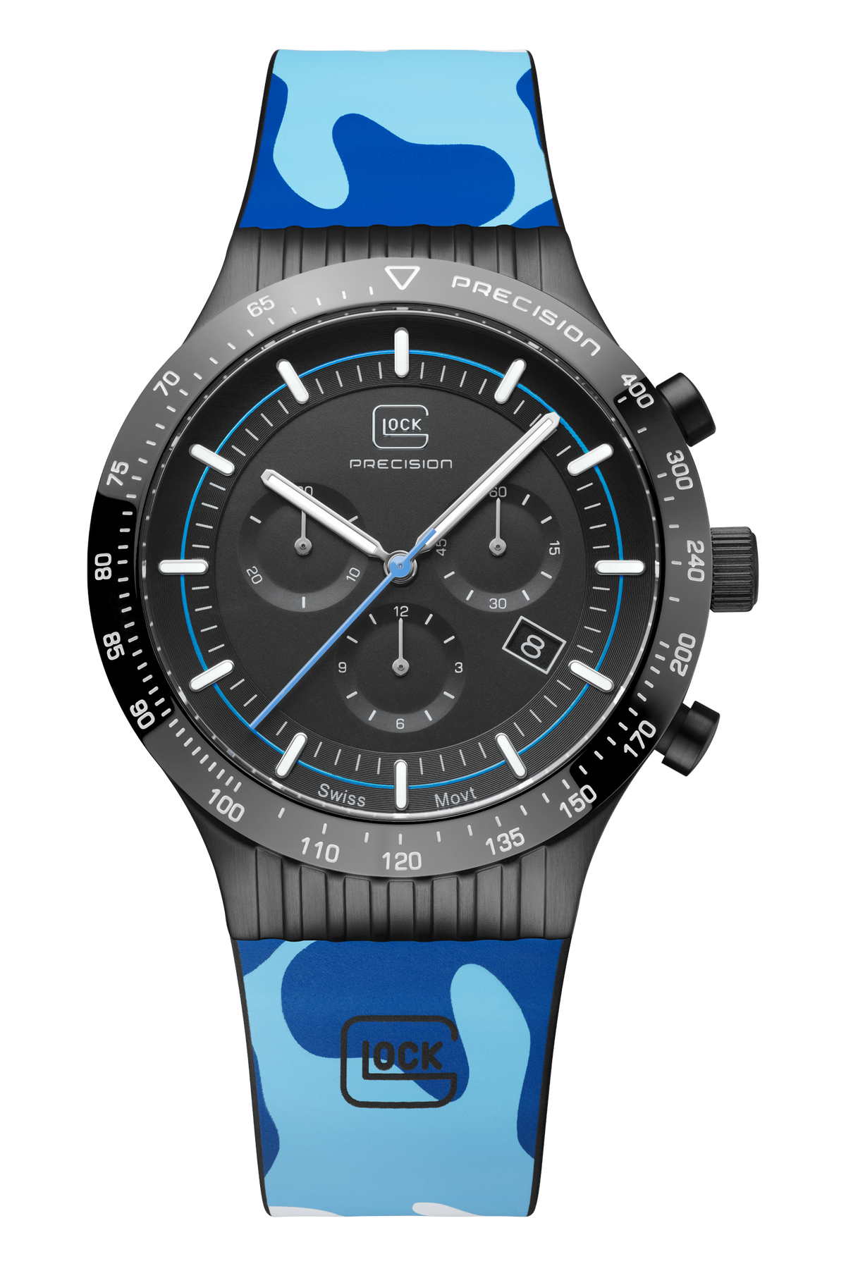 GLOCK Swiss Chronograph Watch in Black Steel, Black Dial, Camouflage Navy Strap