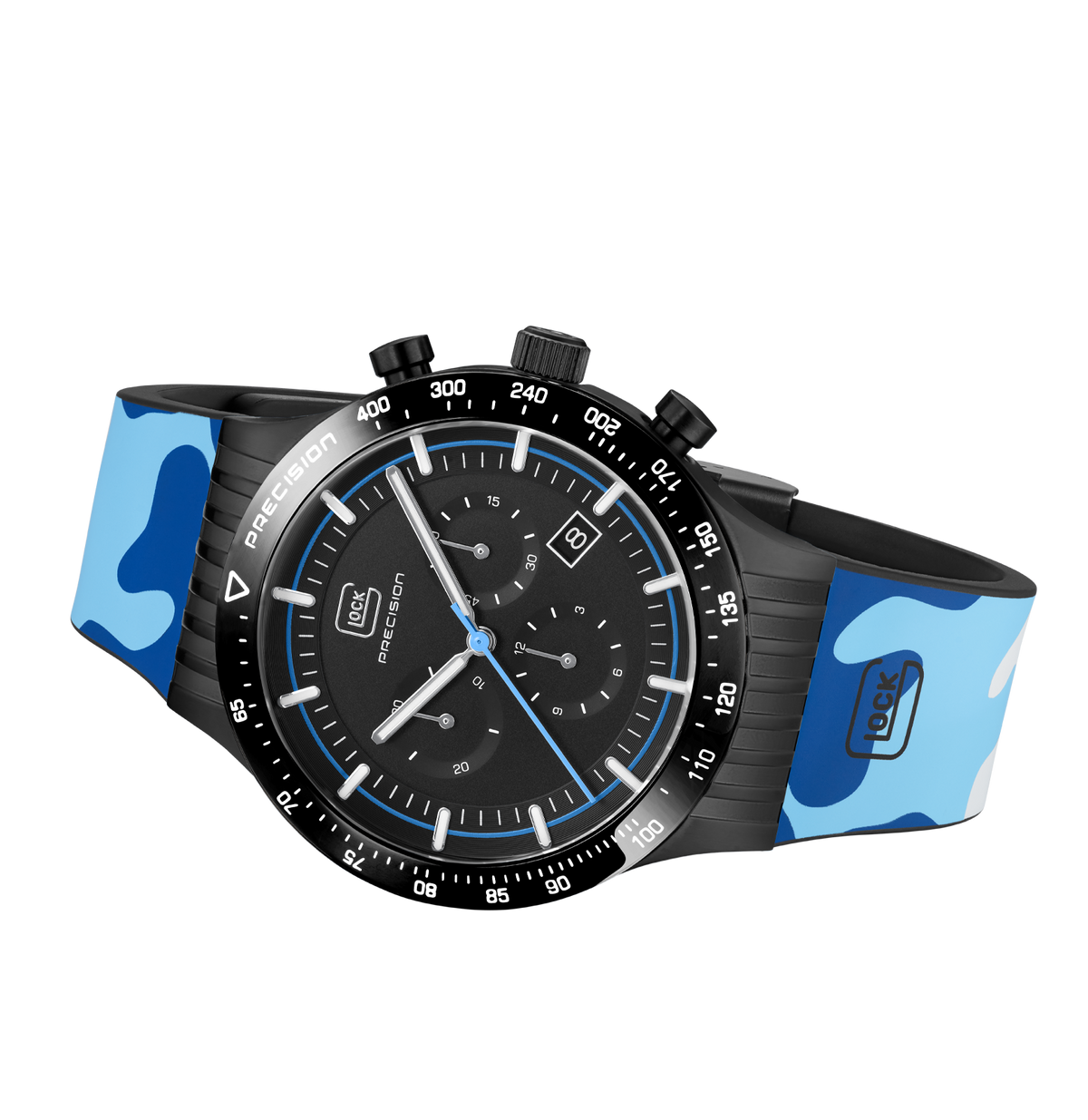 GLOCK Swiss Chronograph Watch in Black Steel, Black Dial, Camouflage Navy Strap