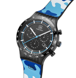 GLOCK Swiss Chronograph Watch in Black Steel, Black Dial, Camouflage Navy Strap
