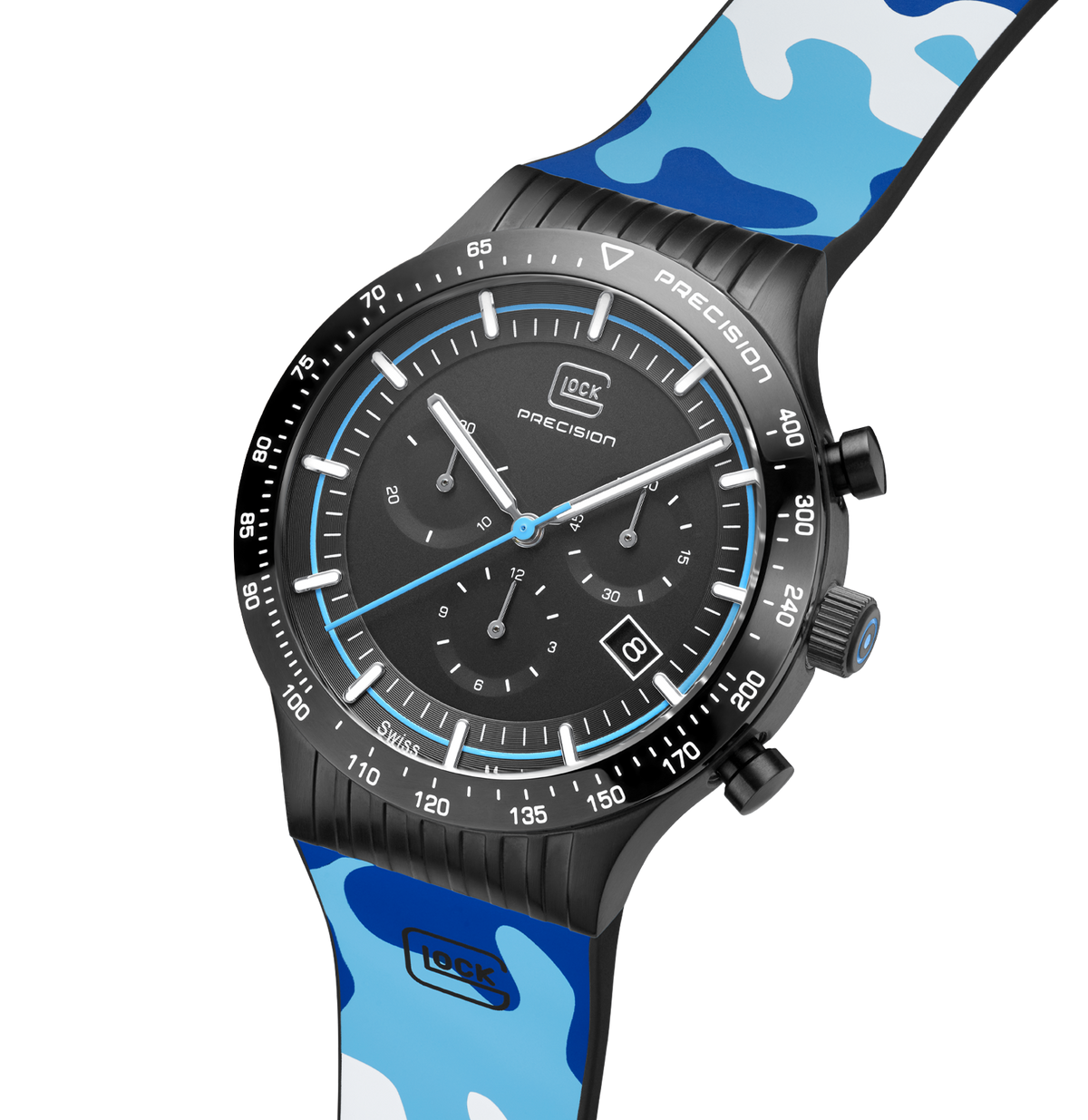 GLOCK Swiss Chronograph Watch in Black Steel, Black Dial, Camouflage Navy Strap