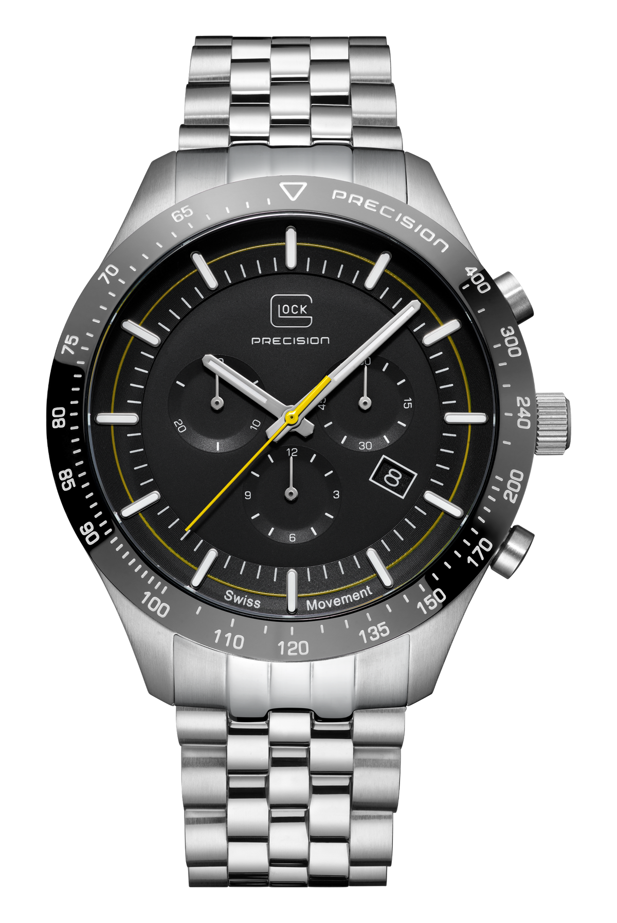 GLOCK Swiss Chronograph Watch in Stainless Steel, Black Dial, Silver-Tone Bracelet
