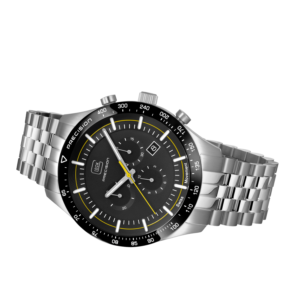 GLOCK Swiss Chronograph Watch in Stainless Steel, Black Dial, Silver-Tone Bracelet
