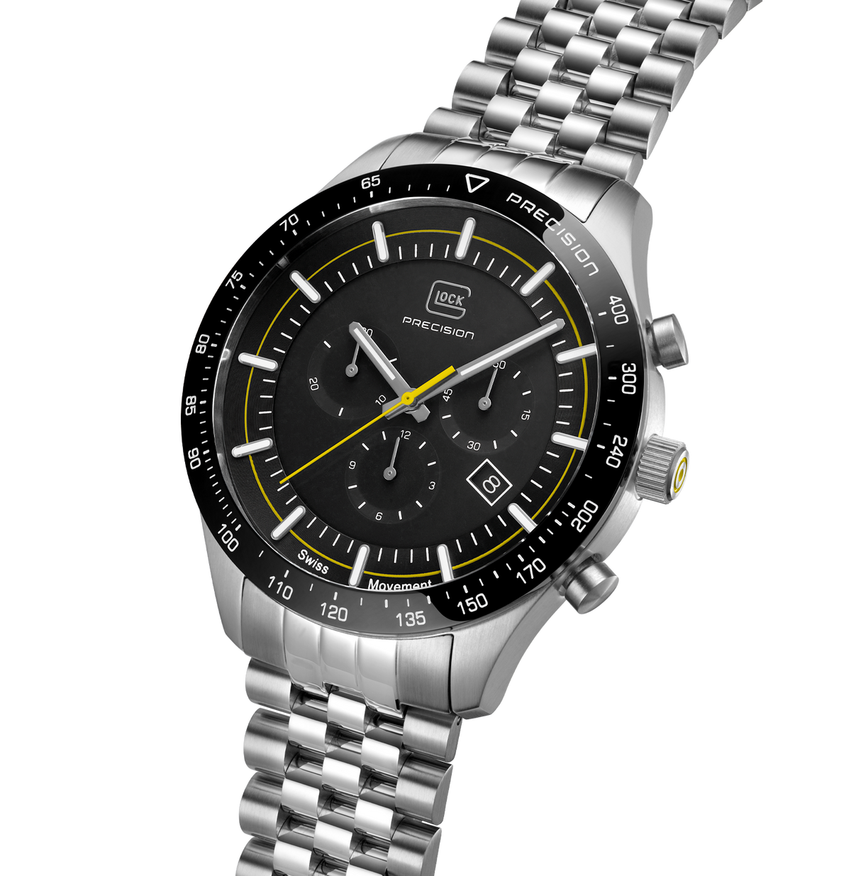 GLOCK Swiss Chronograph Watch in Stainless Steel, Black Dial, Silver-Tone Bracelet