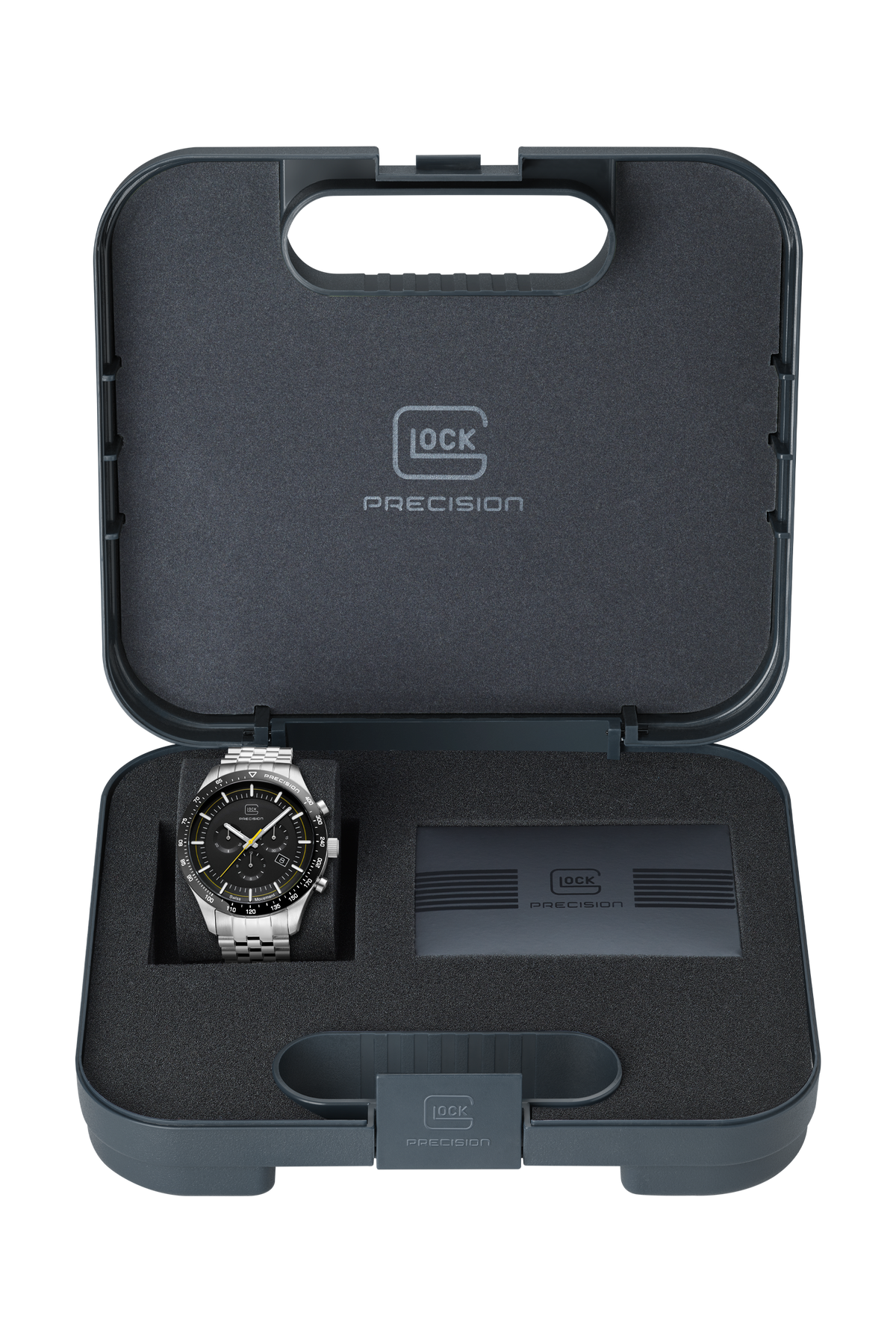 GLOCK Swiss Chronograph Watch in Stainless Steel, Black Dial, Silver-Tone Bracelet