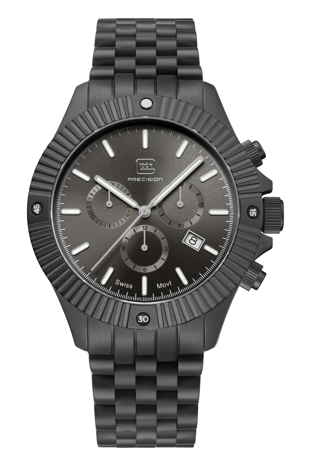GLOCK Swiss Chronograph Watch in Gunmetal Steel, Gunmetal Dial, Gunmetal Bracelet