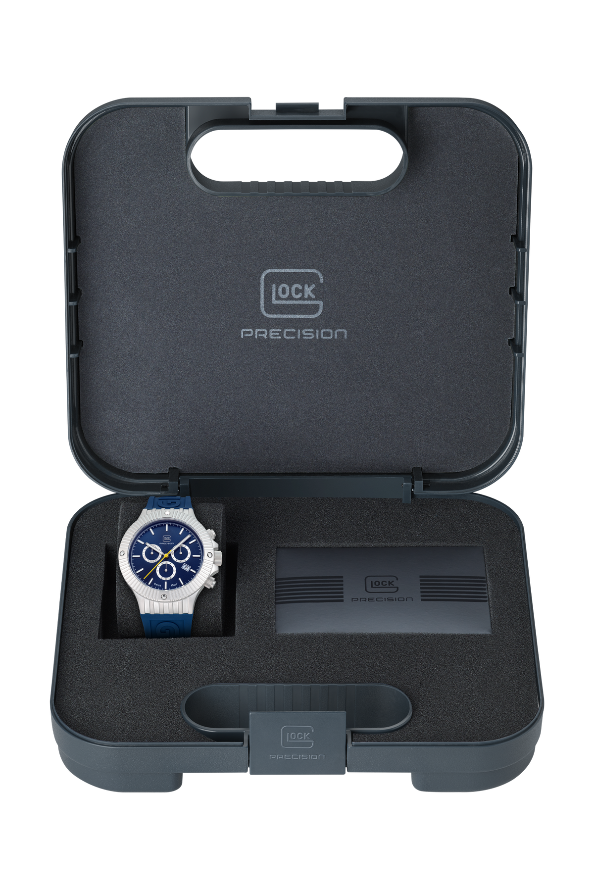 GLOCK Swiss Chronograph Watch in Stainless Steel, Blue Dial, Dark Blue Strap