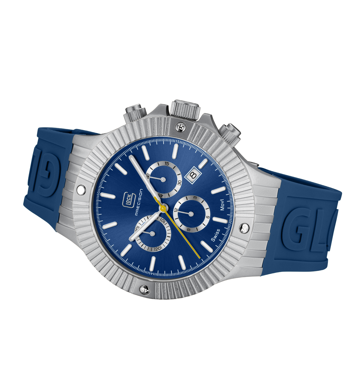 GLOCK Swiss Chronograph Watch in Stainless Steel, Blue Dial, Dark Blue Strap