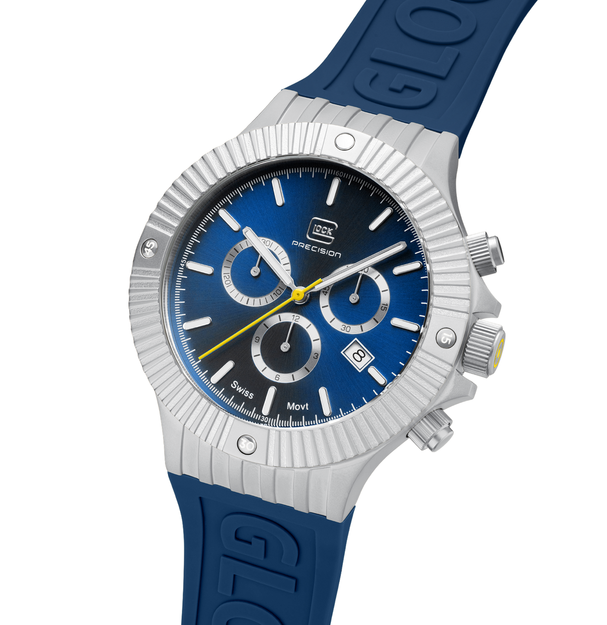 GLOCK Swiss Chronograph Watch in Stainless Steel, Blue Dial, Dark Blue Strap