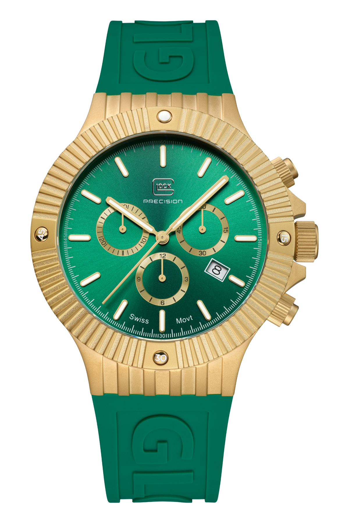 GLOCK Swiss Chronograph Watch in Gold-Tone Steel, Green Dial, Racing Green Strap