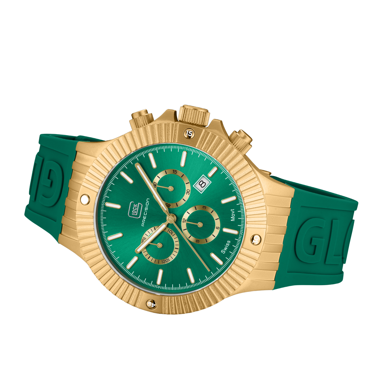 GLOCK Swiss Chronograph Watch in Gold-Tone Steel, Green Dial, Racing Green Strap