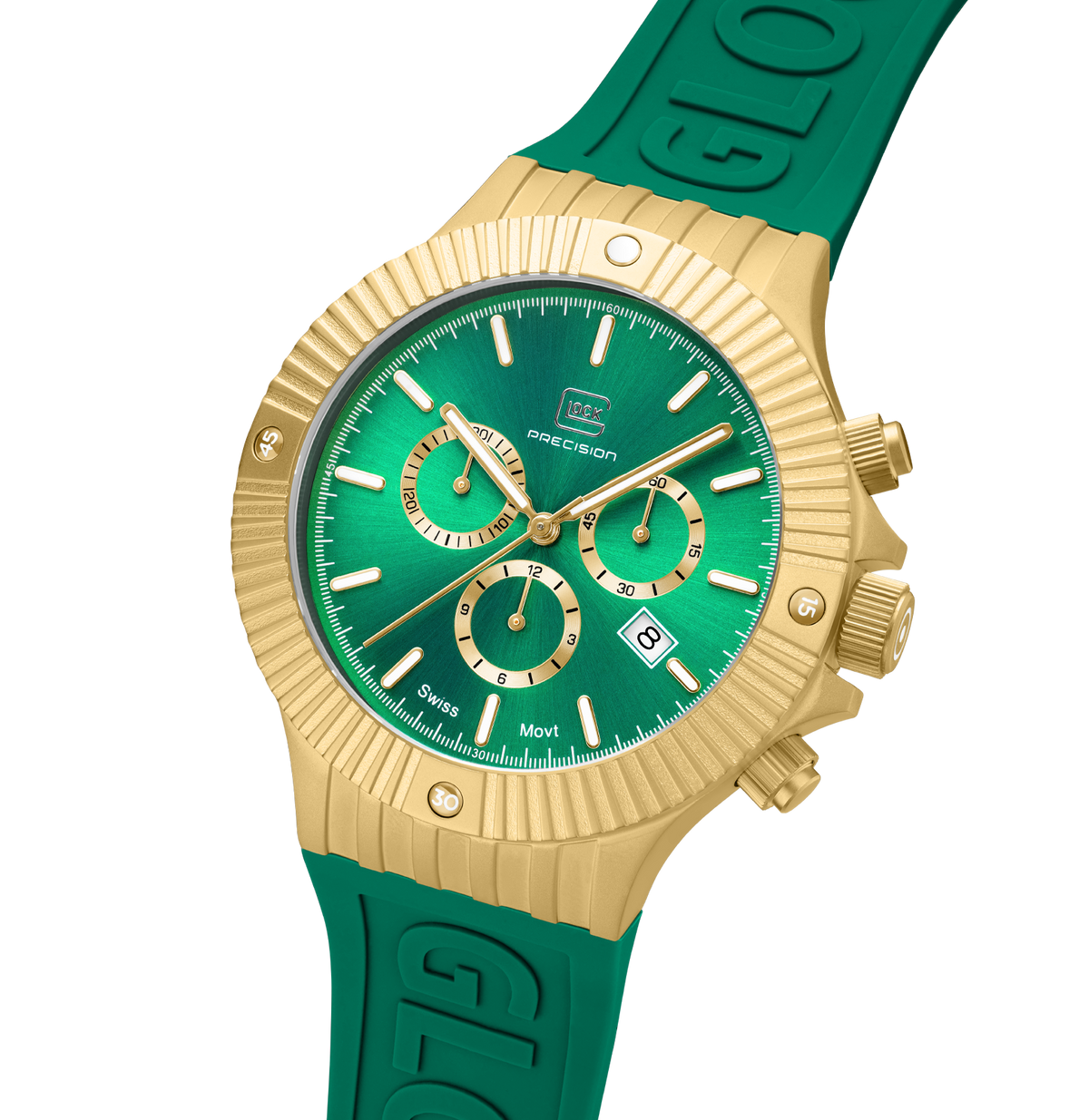 GLOCK Swiss Chronograph Watch in Gold-Tone Steel, Green Dial, Racing Green Strap