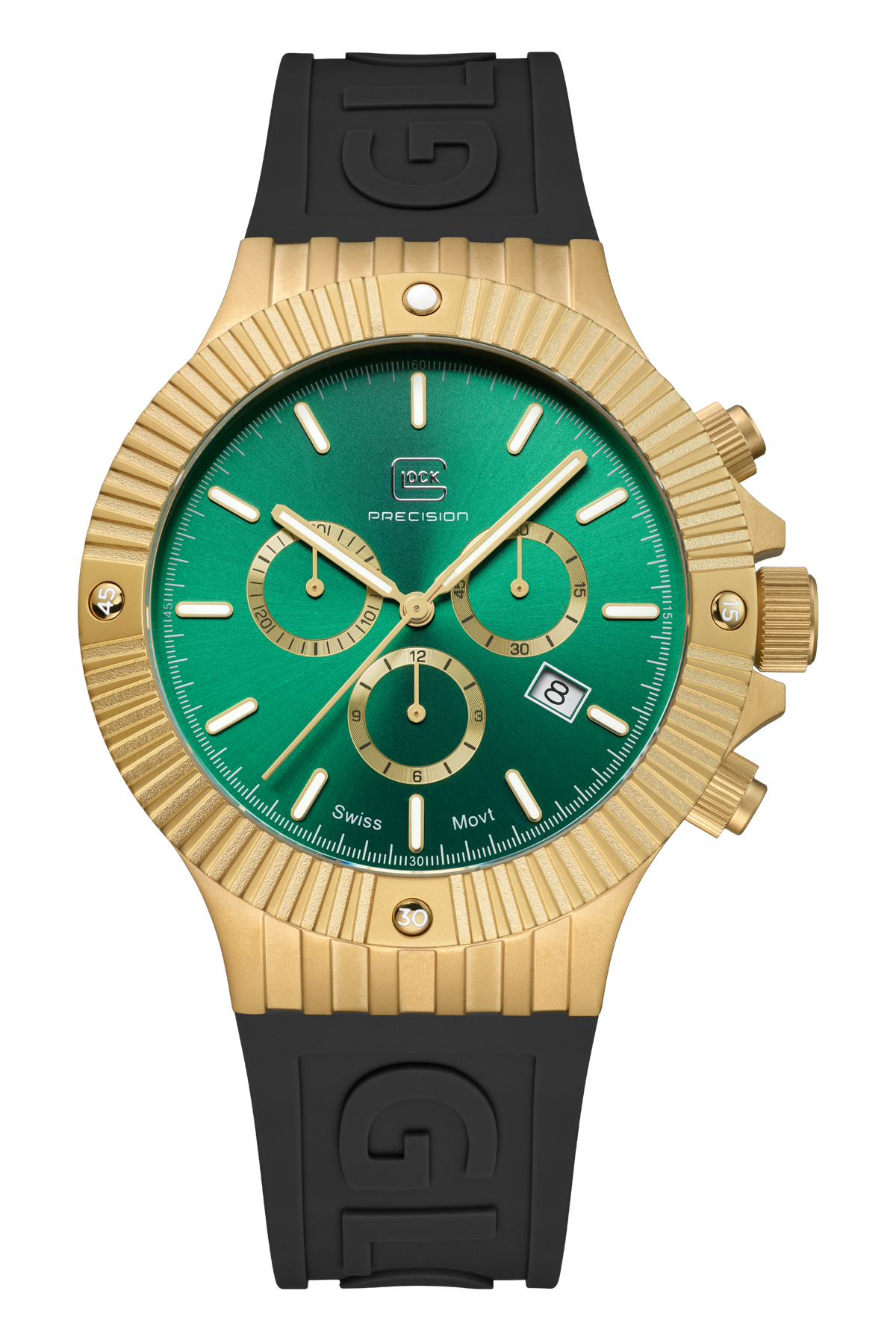 GLOCK Swiss Chronograph Watch in Gold-Tone Steel, Green Dial, Black Strap