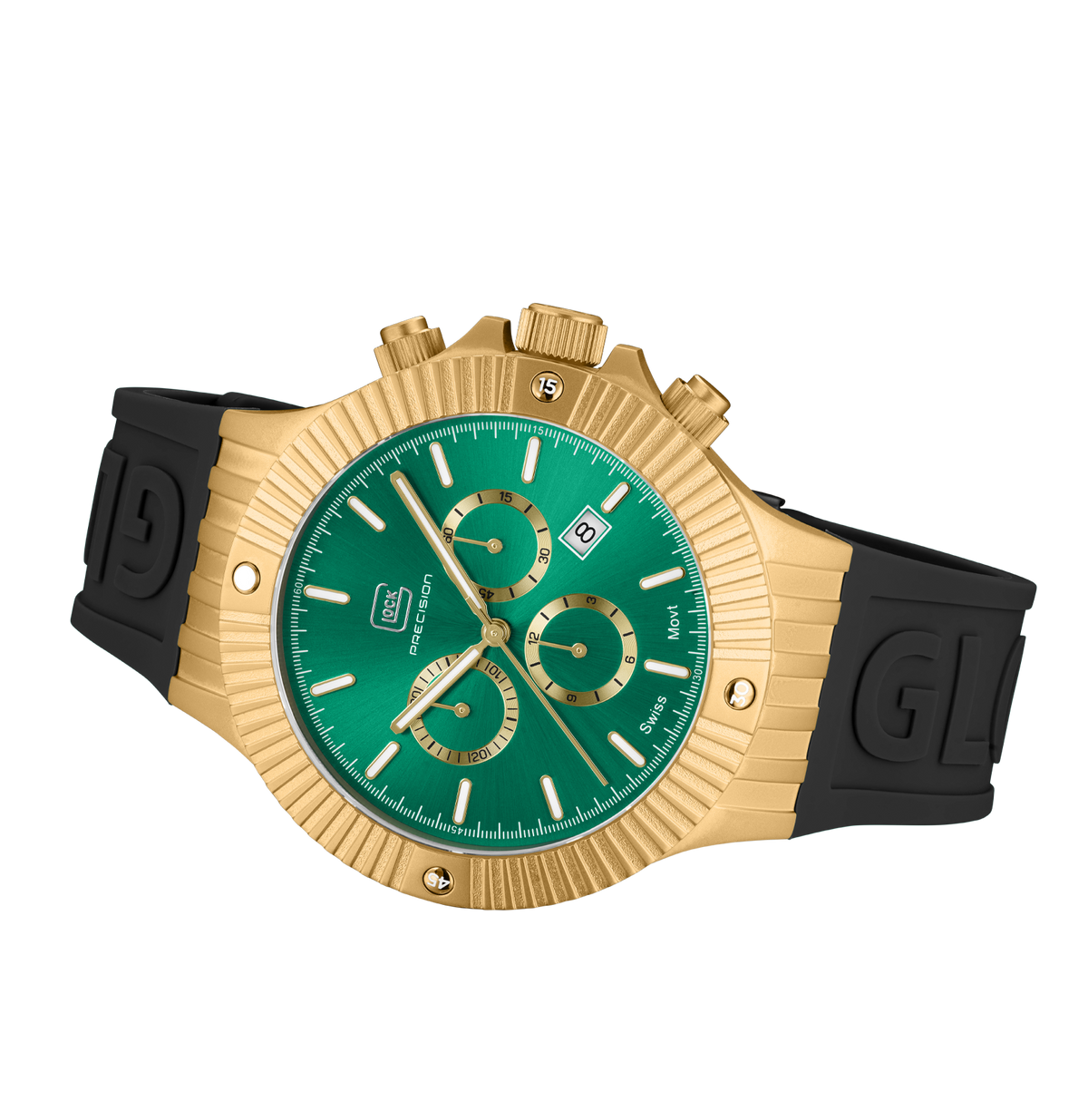 GLOCK Swiss Chronograph Watch in Gold-Tone Steel, Green Dial, Black Strap