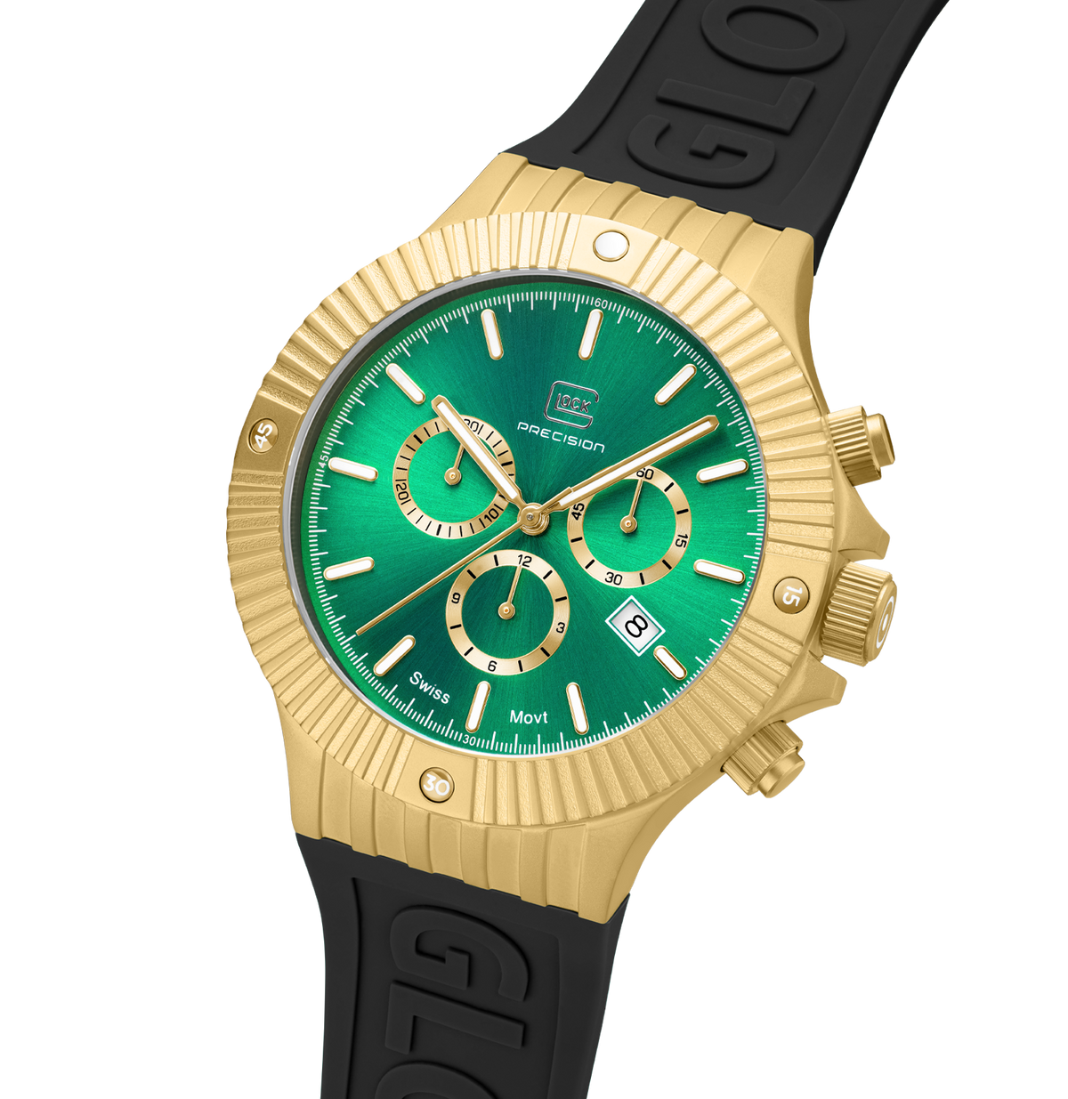 GLOCK Swiss Chronograph Watch in Gold-Tone Steel, Green Dial, Black Strap