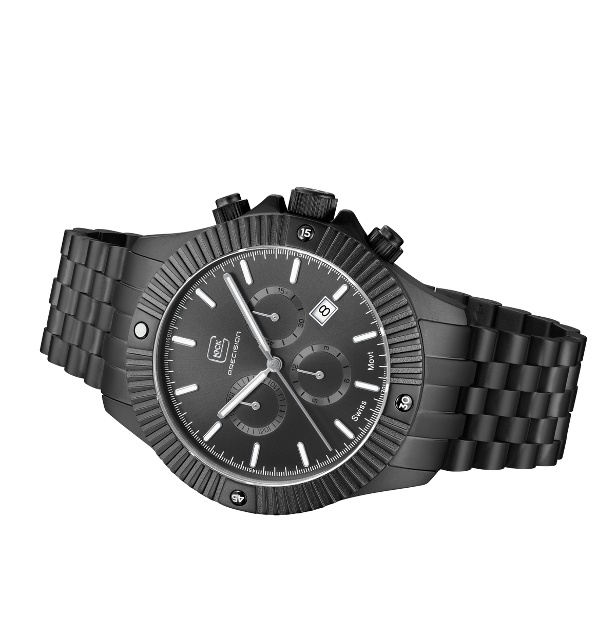 GLOCK Swiss Chronograph Watch in Gunmetal Steel, Gunmetal Dial, Gunmetal Bracelet