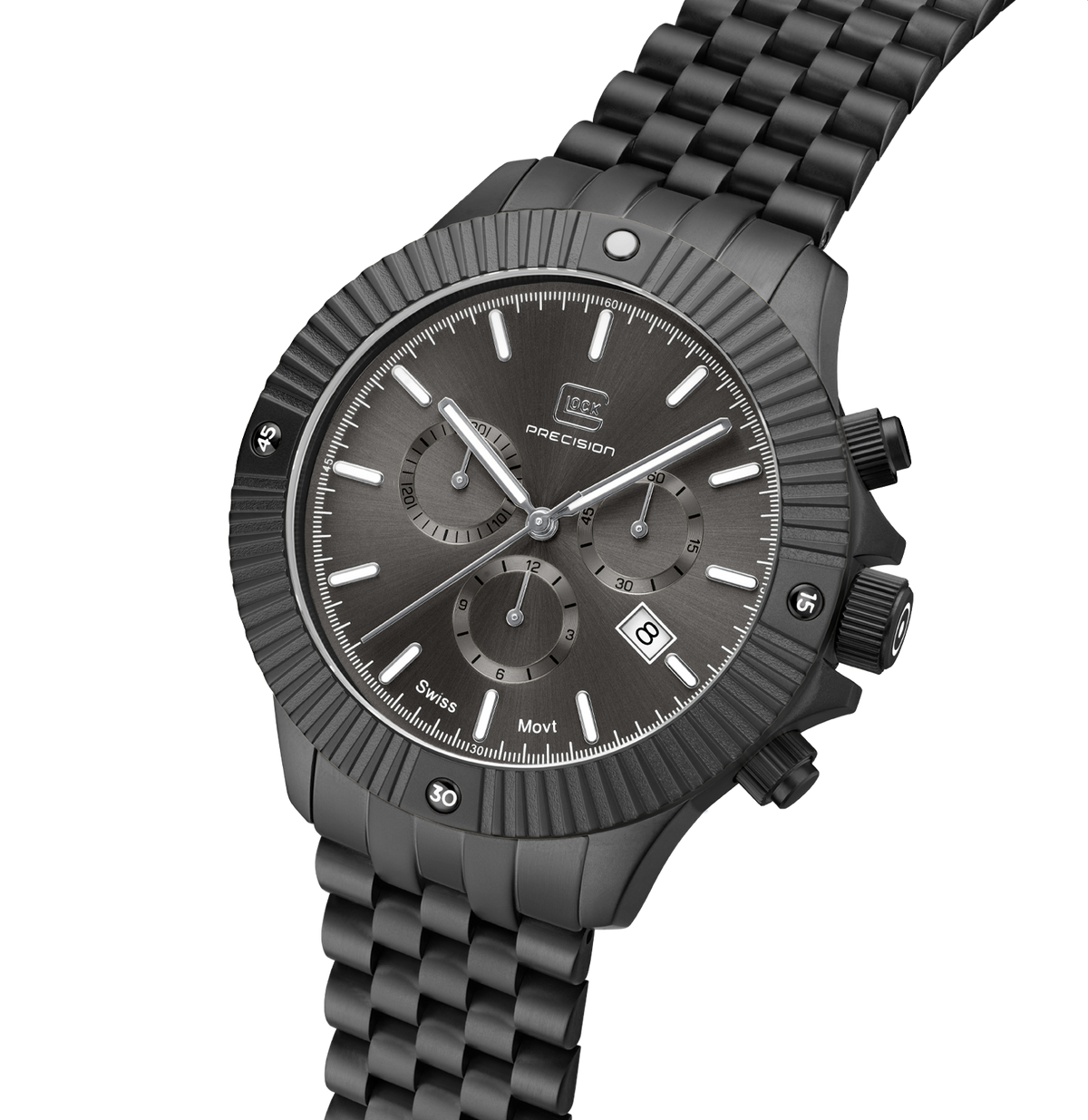 GLOCK Swiss Chronograph Watch in Gunmetal Steel, Gunmetal Dial, Gunmetal Bracelet