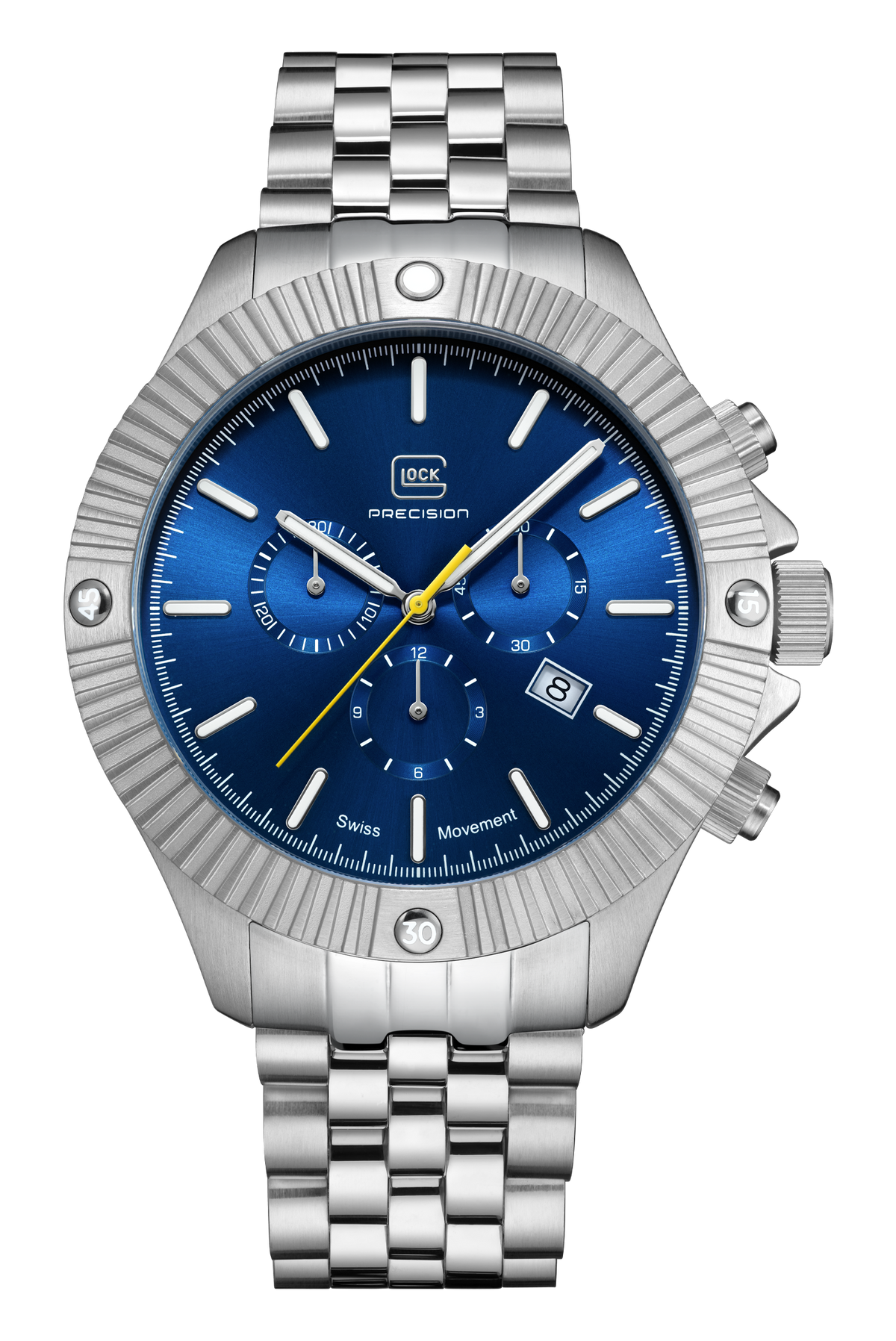 GLOCK Swiss Chronograph Watch in Stainless Steel, Blue Dial, Silver-Tone Bracelet