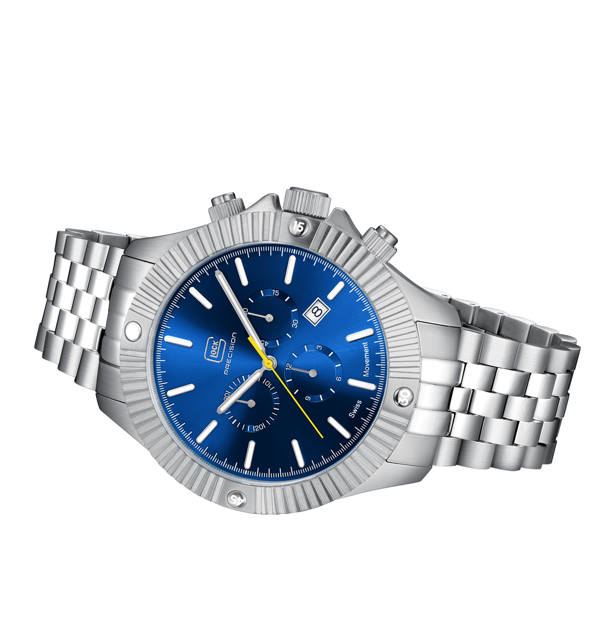 GLOCK Swiss Chronograph Watch in Stainless Steel, Blue Dial, Silver-Tone Bracelet