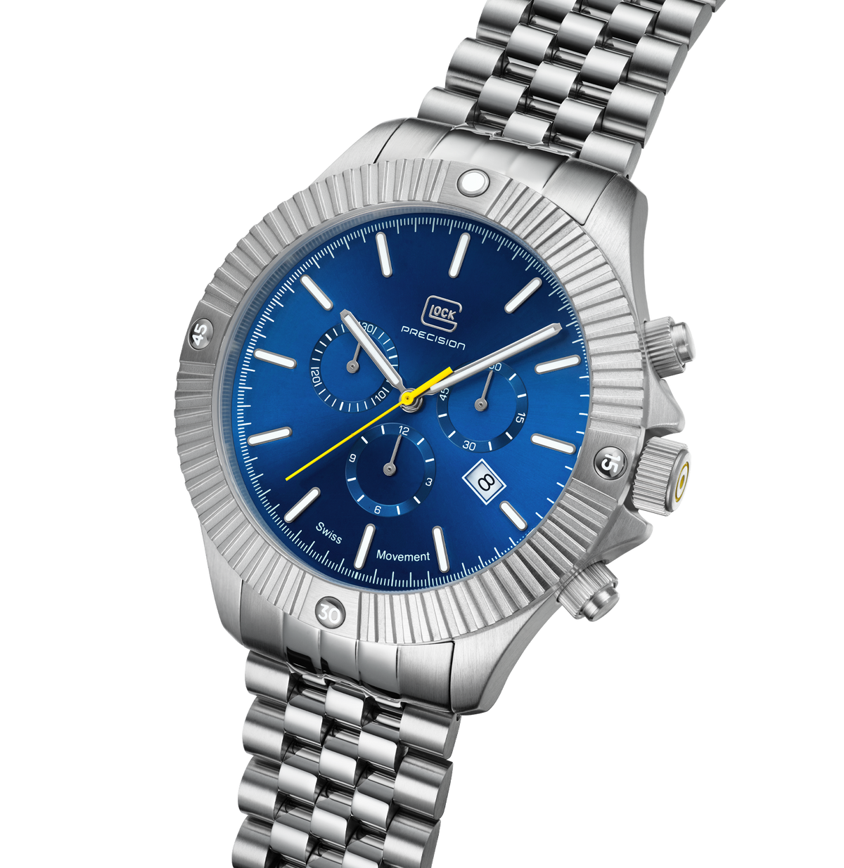 GLOCK Swiss Chronograph Watch in Stainless Steel, Blue Dial, Silver-Tone Bracelet