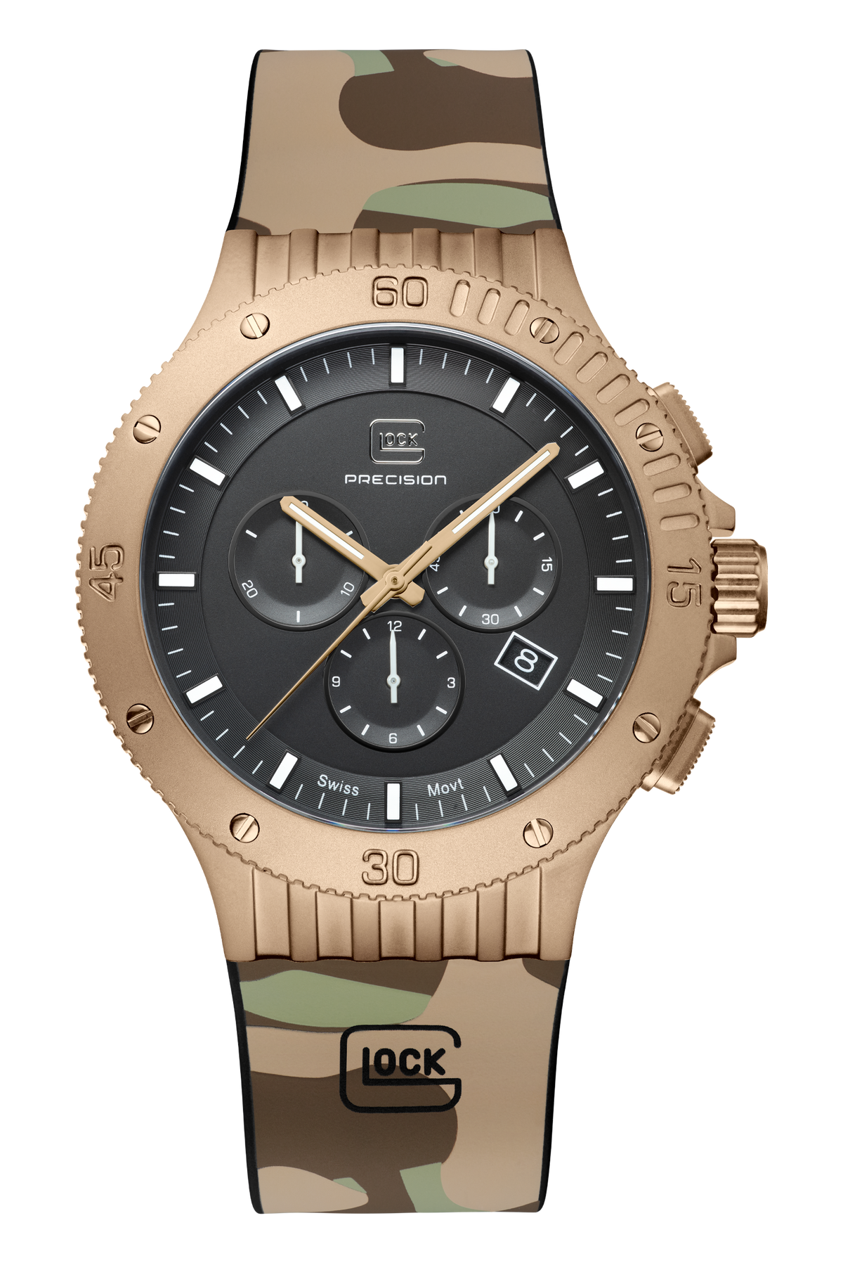 GLOCK Swiss Chronograph Watch in Coyote Steel, Black Dial, Camouflage Desert Strap