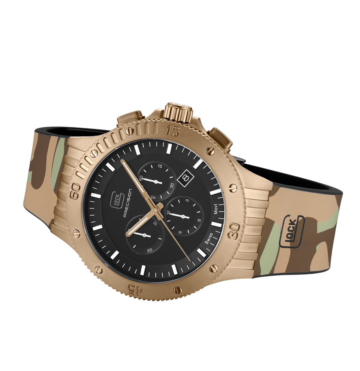 GLOCK Swiss Chronograph Watch in Coyote Steel, Black Dial, Camouflage Desert Strap
