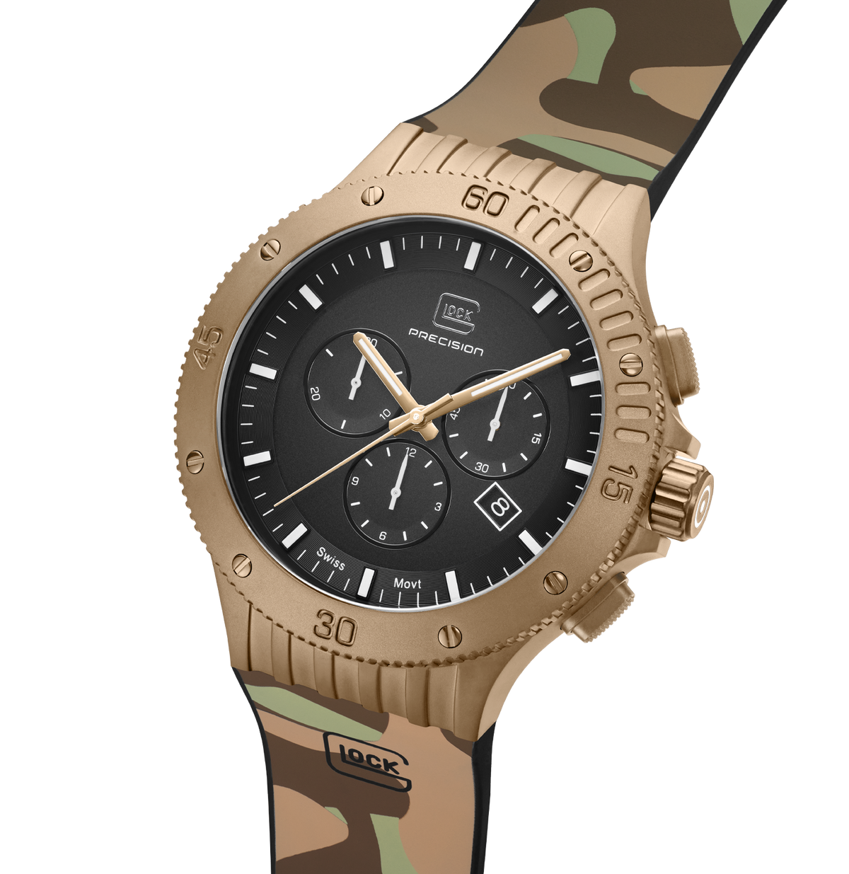 GLOCK Swiss Chronograph Watch in Coyote Steel, Black Dial, Camouflage Desert Strap