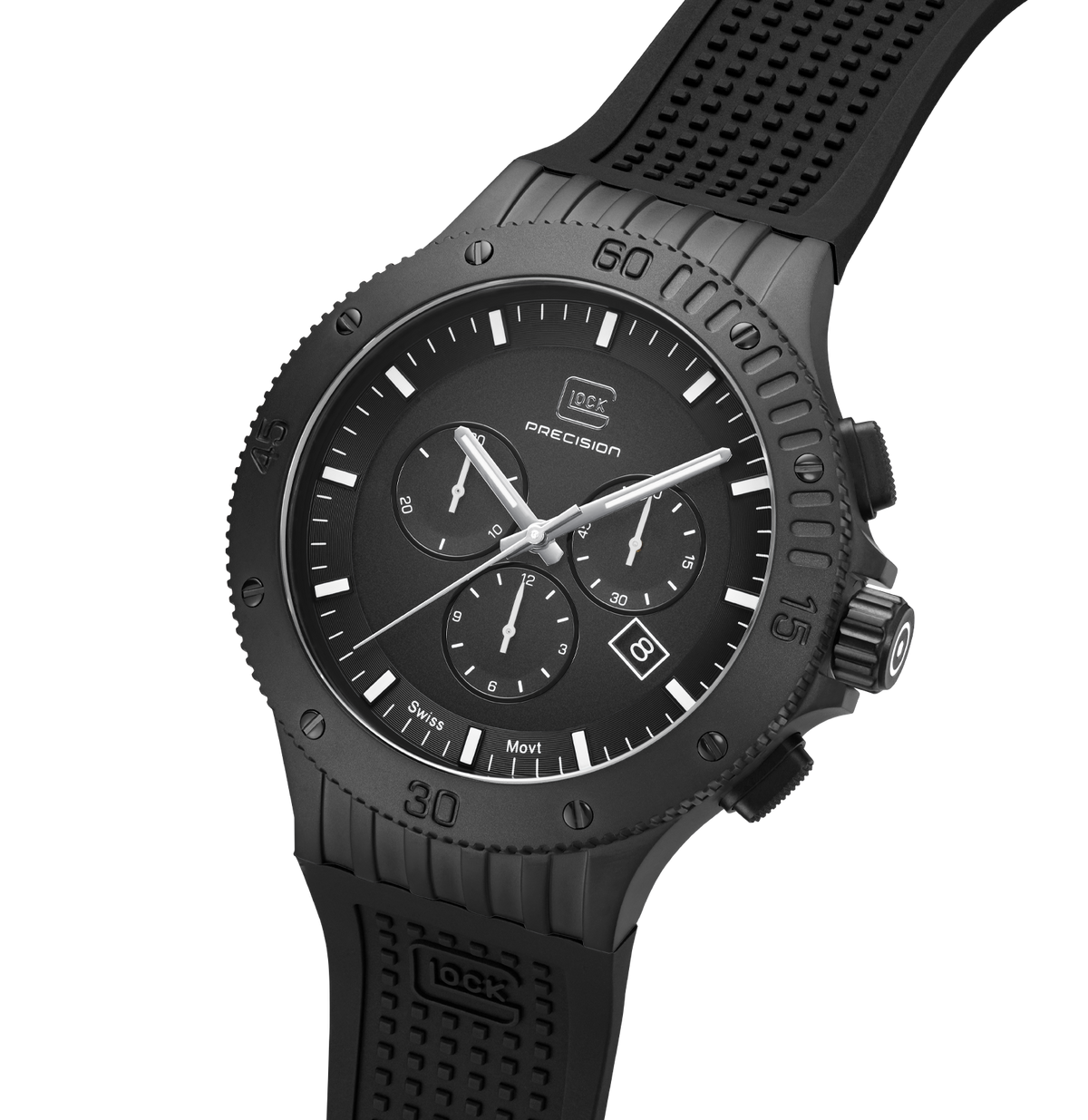 GLOCK Swiss Chronograph Watch in Black Steel, Black Dial, Black Strap