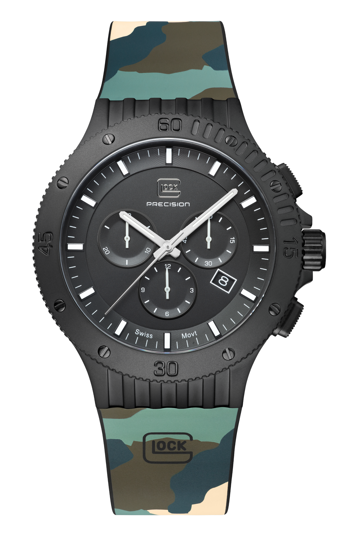 GLOCK Swiss Chronograph Watch in Black Steel, Black Dial, Camouflage Forest Strap