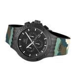 GLOCK Swiss Chronograph Watch in Black Steel, Black Dial, Camouflage Forest Strap