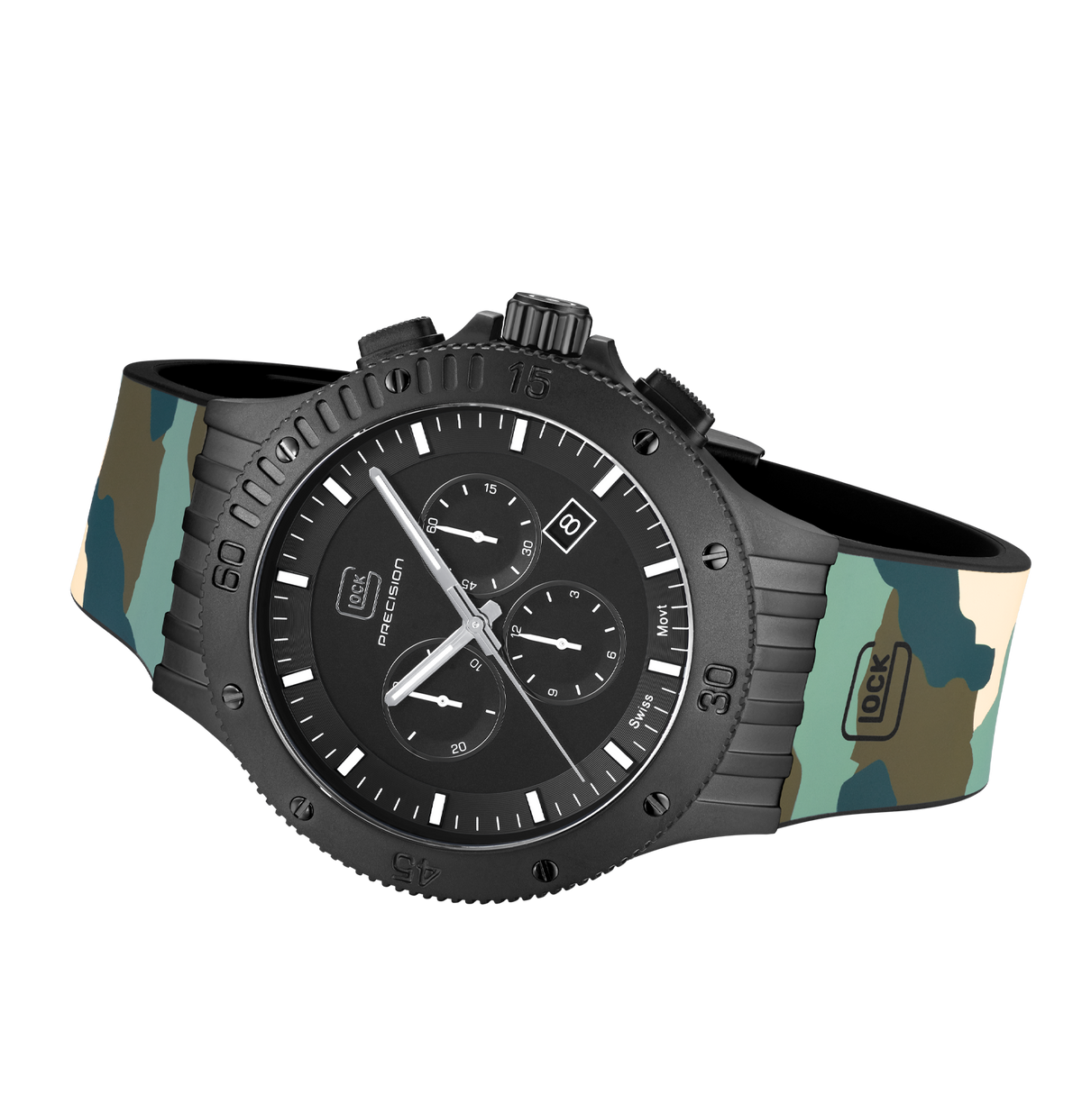 GLOCK Swiss Chronograph Watch in Black Steel, Black Dial, Camouflage Forest Strap