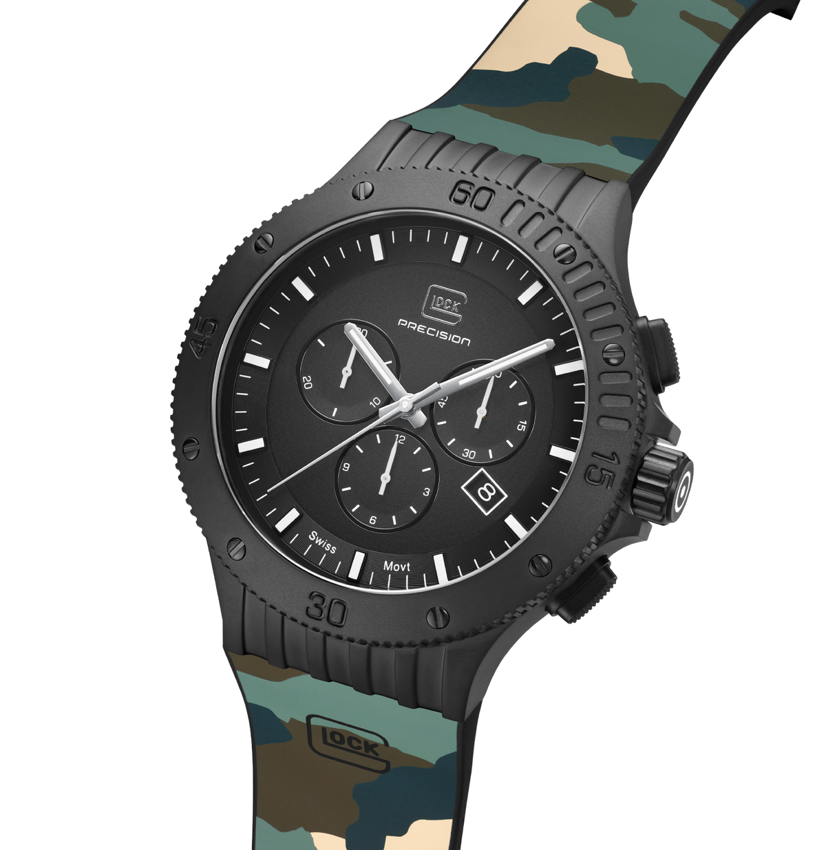 GLOCK Swiss Chronograph Watch in Black Steel, Black Dial, Camouflage Forest Strap