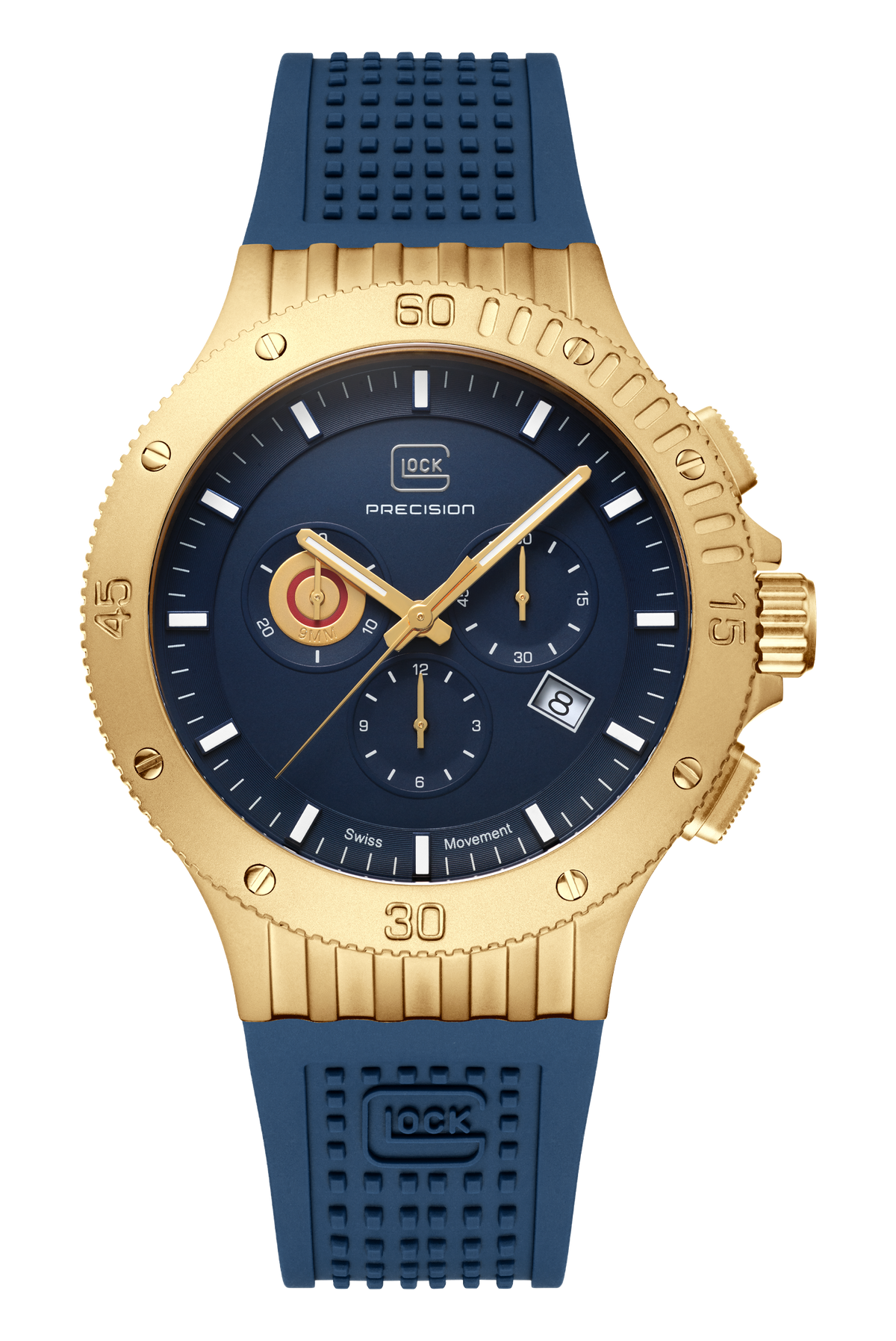 GLOCK Swiss Chronograph Watch in Gold-Tone Steel, Blue Dial, Dark Blue Strap
