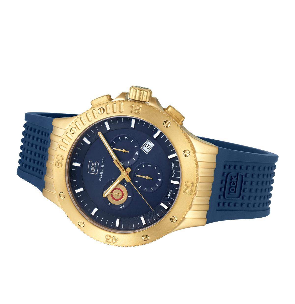GLOCK Swiss Chronograph Watch in Gold-Tone Steel, Blue Dial, Dark Blue Strap