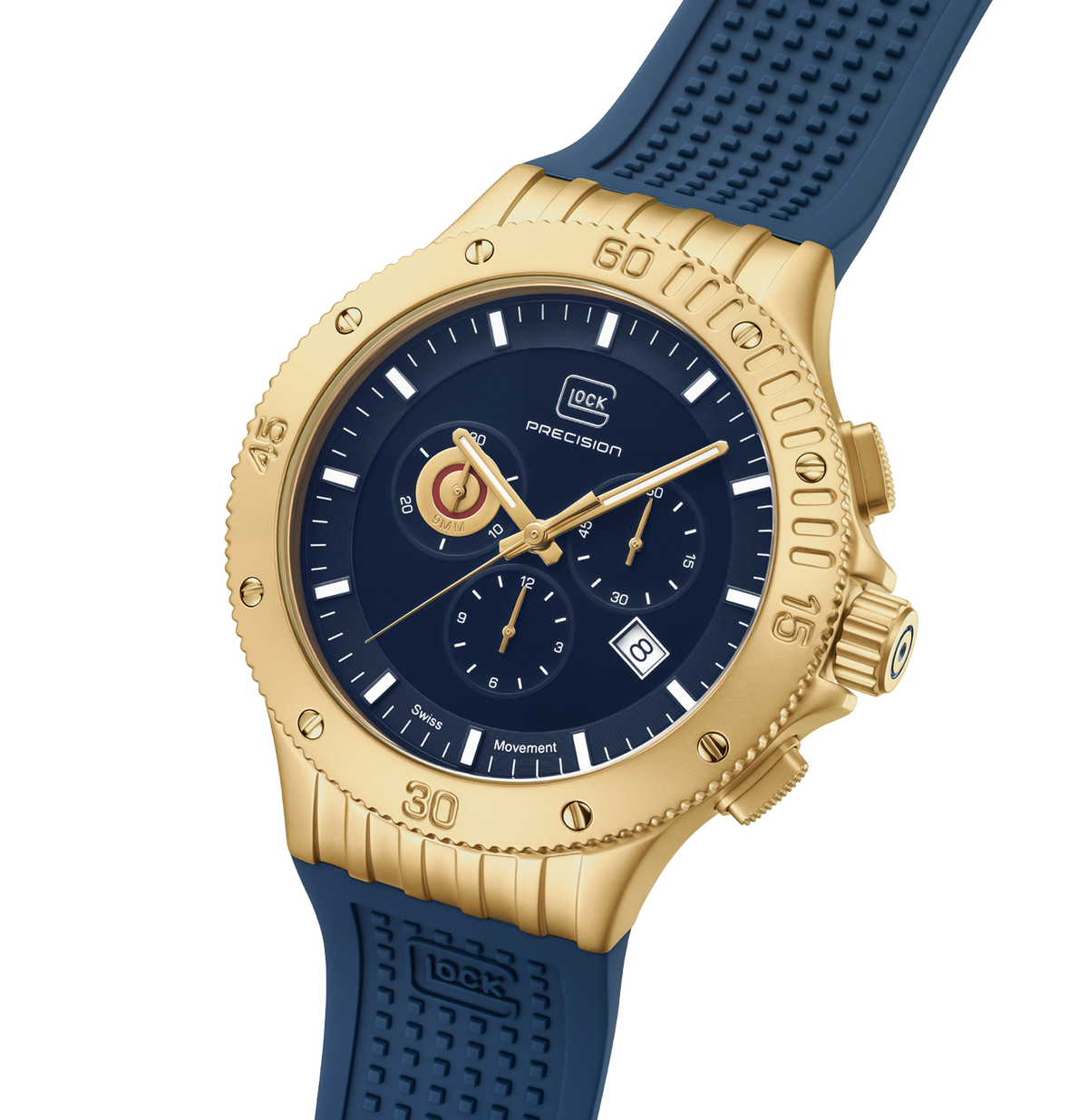 GLOCK Swiss Chronograph Watch in Gold-Tone Steel, Blue Dial, Dark Blue Strap