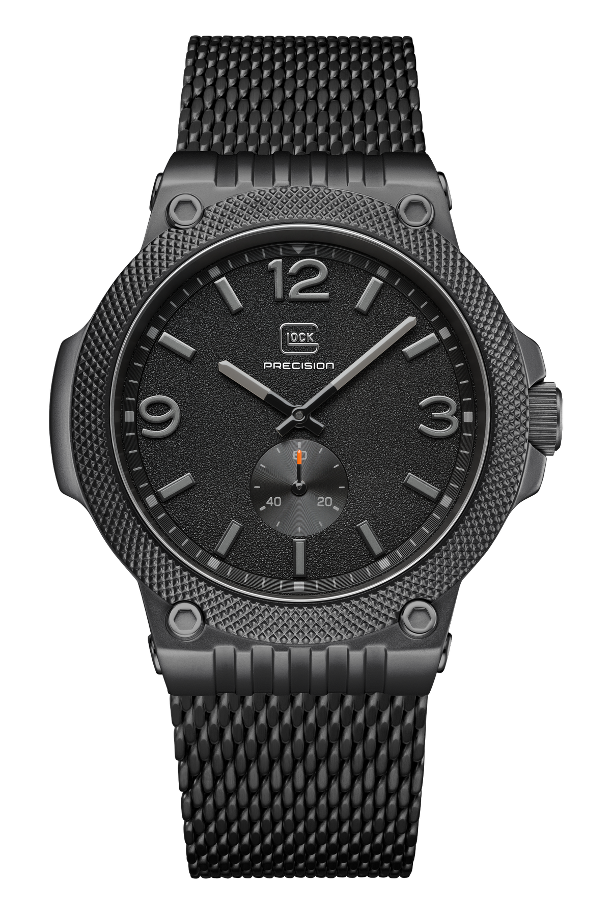 GLOCK Quartz Watch in Black Steel, Black Dial, Black Mesh Bracelet