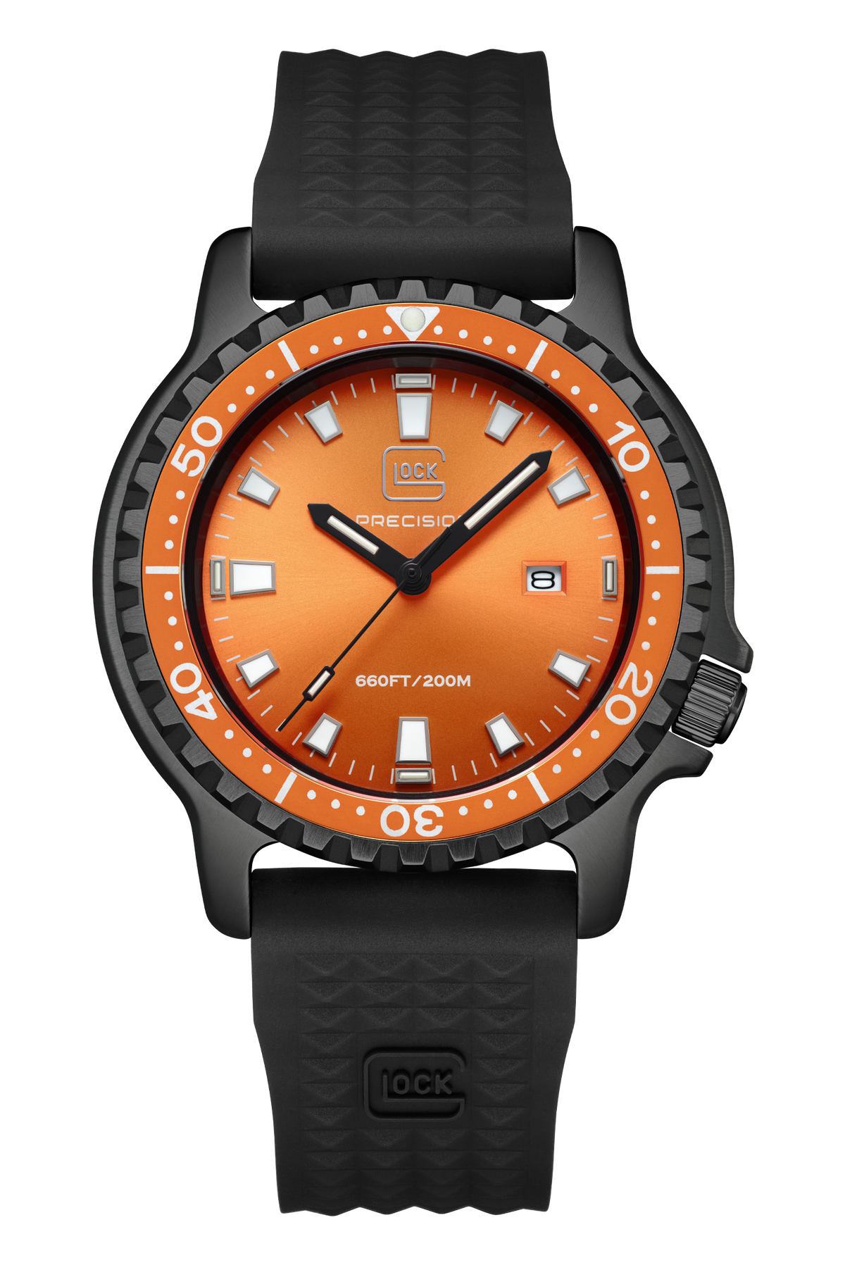GLOCK Tritium Watch in Black Steel, Orange Dial, Black Strap