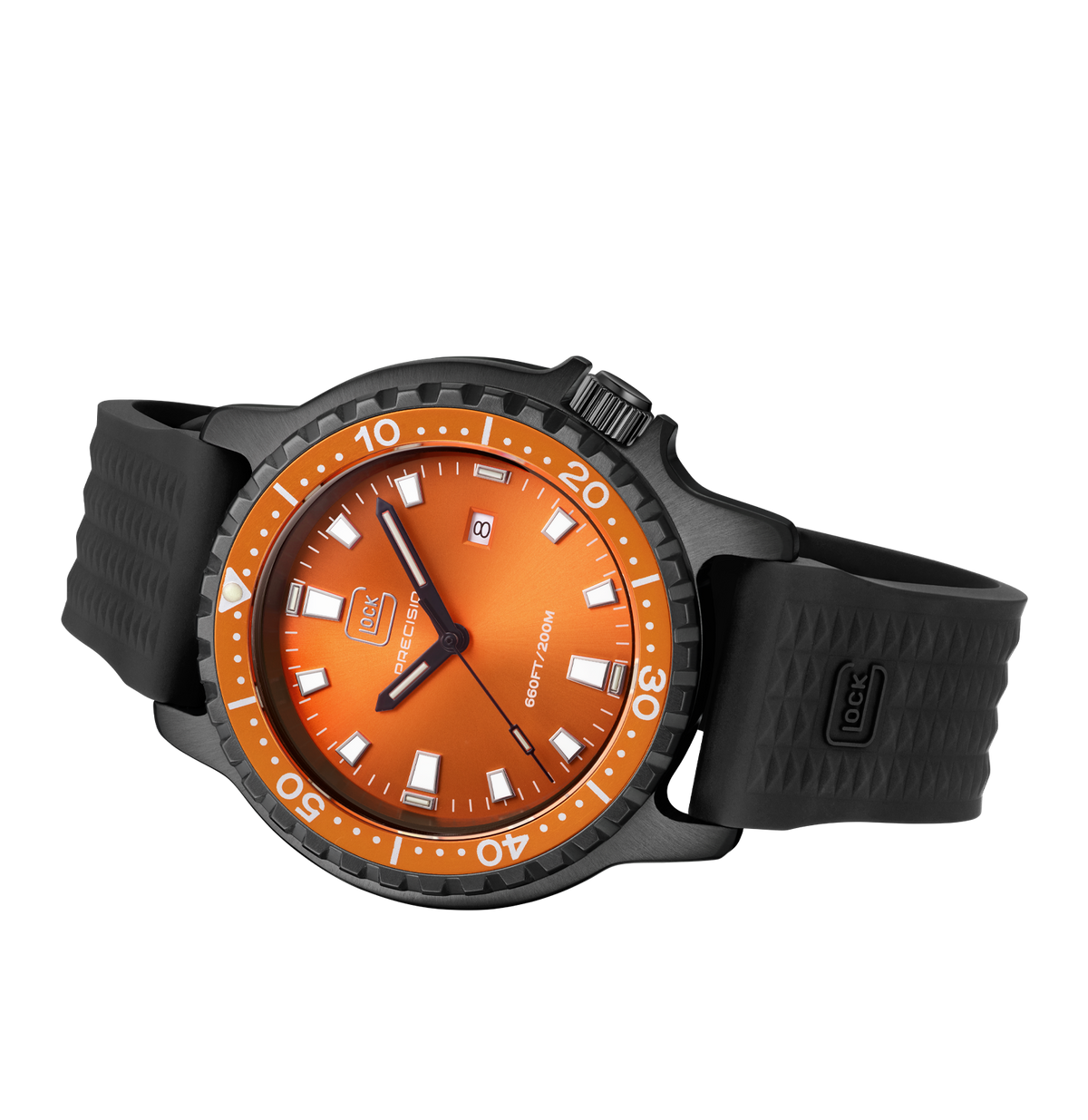 GLOCK Tritium Watch in Black Steel, Orange Dial, Black Strap