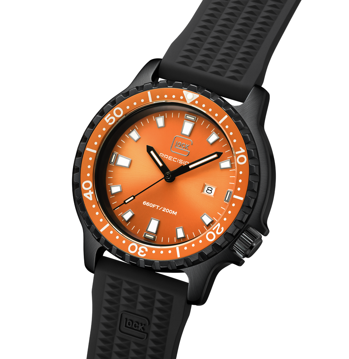 GLOCK Tritium Watch in Black Steel, Orange Dial, Black Strap