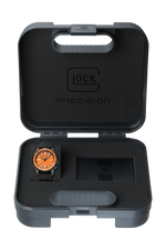 GLOCK Tritium Watch in Black Steel, Orange Dial, Black Strap