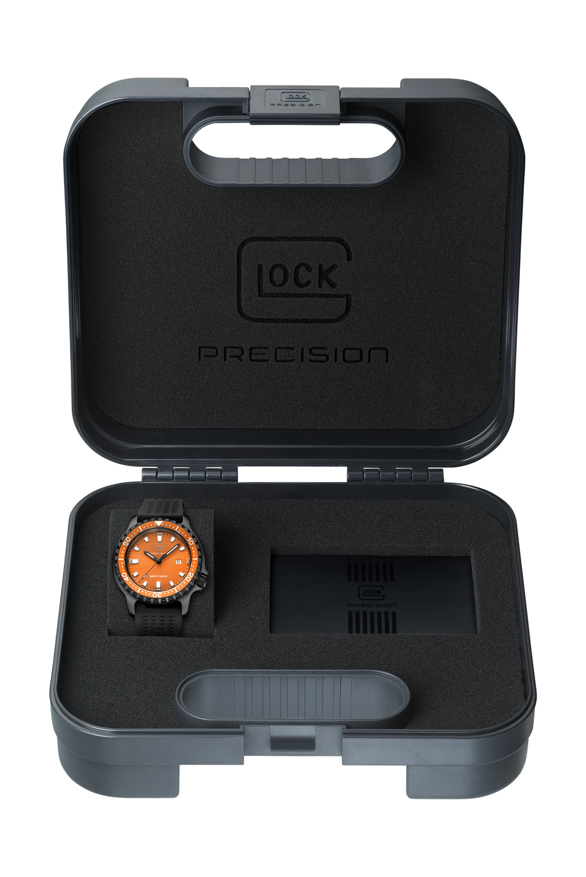 GLOCK Tritium Watch in Black Steel, Orange Dial, Black Strap
