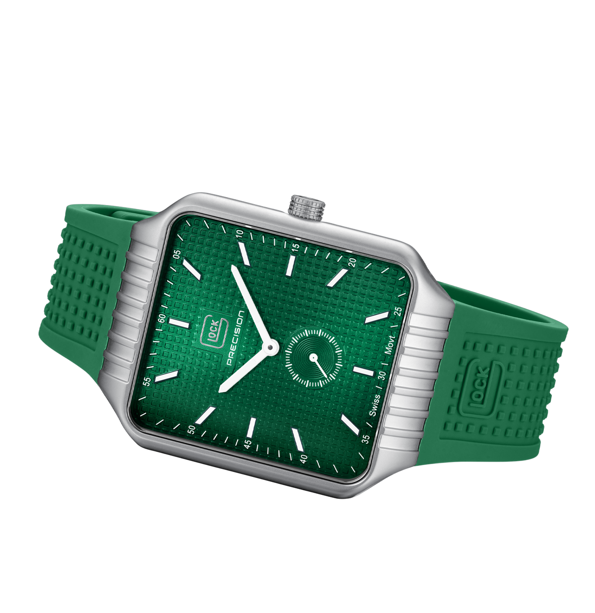 GLOCK Swiss Quartz Watch in Stainless Steel, Green Dial, Racing Green Strap